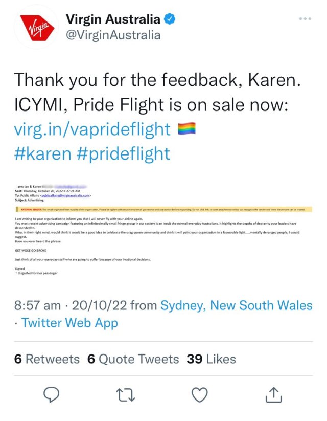 virgin australia pride tweet hate email