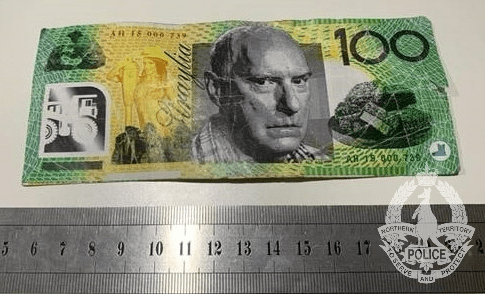 fake $100 bill featuring a mining truck, Alf from Home & Away, John Farnham and the word 'Straylia'