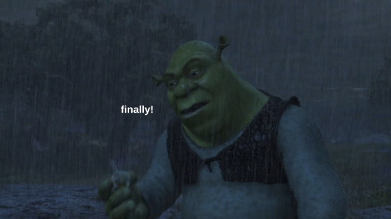 Shrek standing in the rain saying "finally!" to celebrate La Niña ending