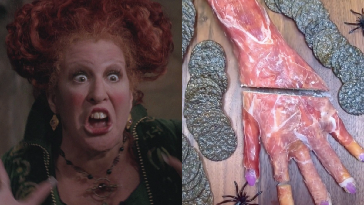 Bette Midler in Hocus Pocus spliced with a hand made out of prosciutto for Halloween