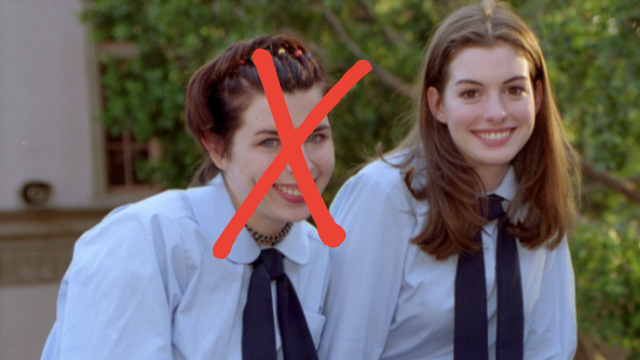 princess diaries lilly moscovitz mia thermopolis in school uniform sitting down with red cross over lilly's face