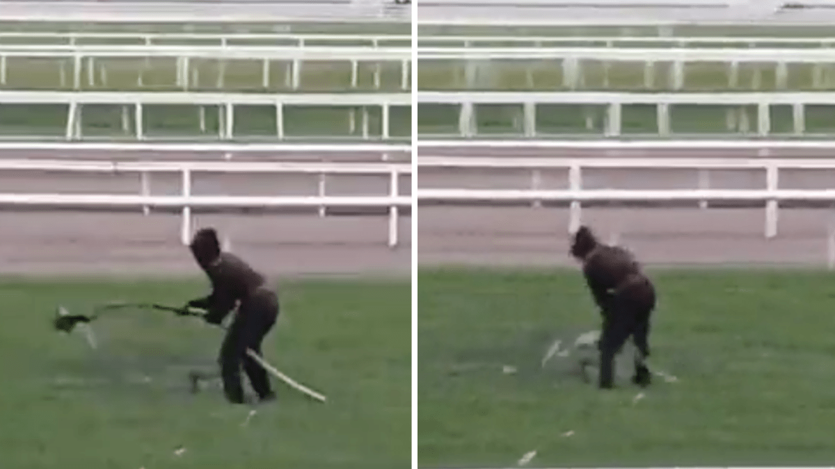 Melbourne Cup protestor pouring oily liquid onto racetrack