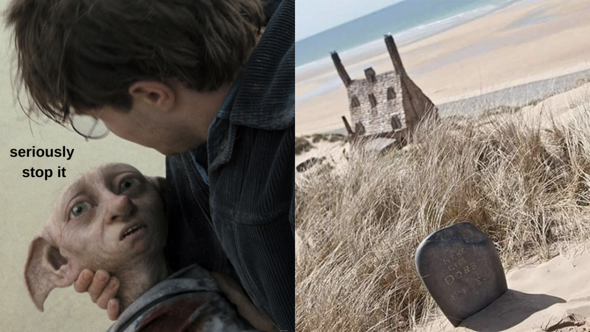 Harry Potter holding Dobby as he dies in Harry Potter and the Deathly Hallows – Part 1 & scene from film showing Dobby's tombstone and church on beach