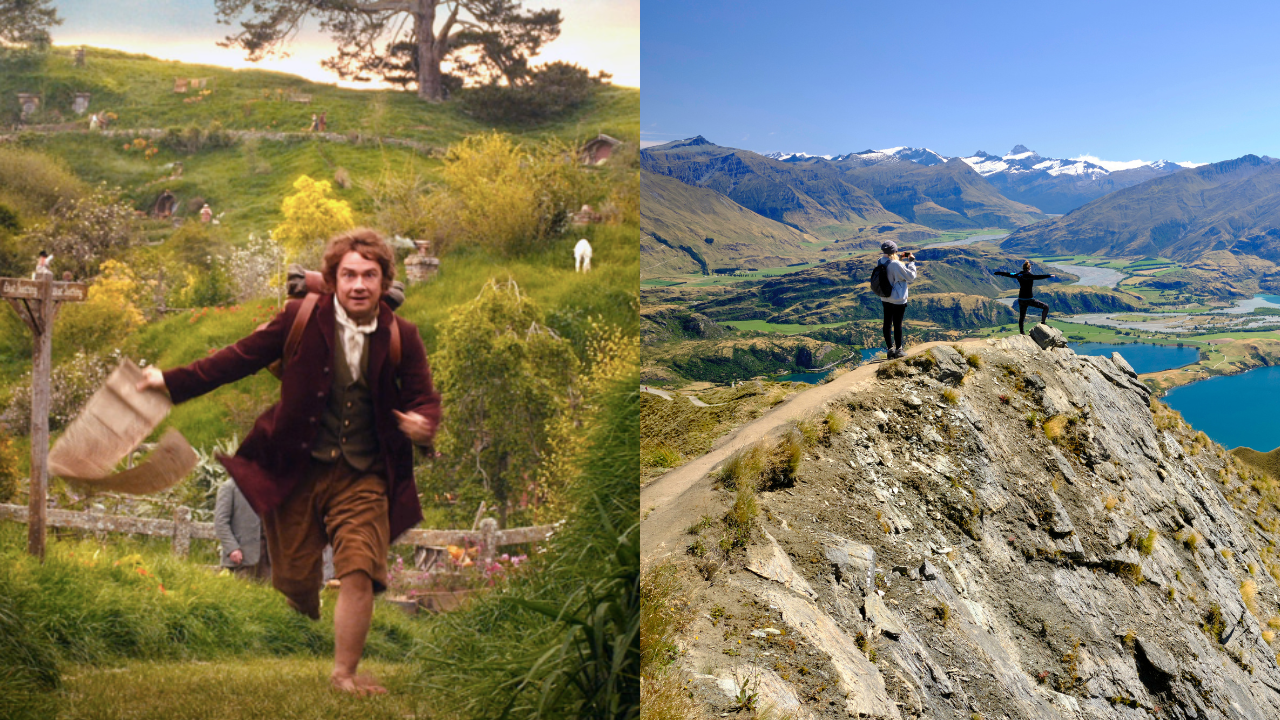 Bilbo Baggins in The Hobbit: An Unexpected Journey walking through green Middle Earth holding map and tourists taking pictures of the views of Lake Wanaka from Roy's peak in Otago, South Island, New Zealand