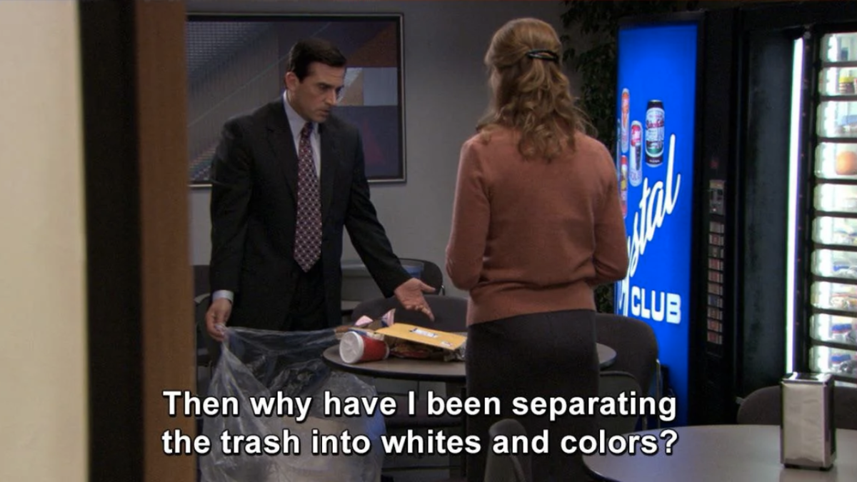 Michael Scott and Pam Beesly in The Office. Michael is holding trash bags and saying: Then why have I been separating the trash into whites and colours?