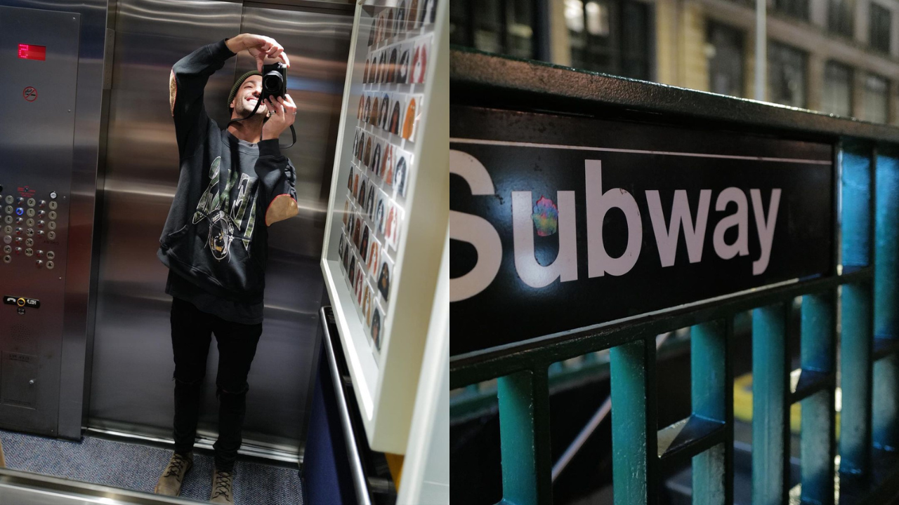 F1 driver Daniel Ricciardo taking mirror selfie using camera in elevator and close up photo of New York Subway sign