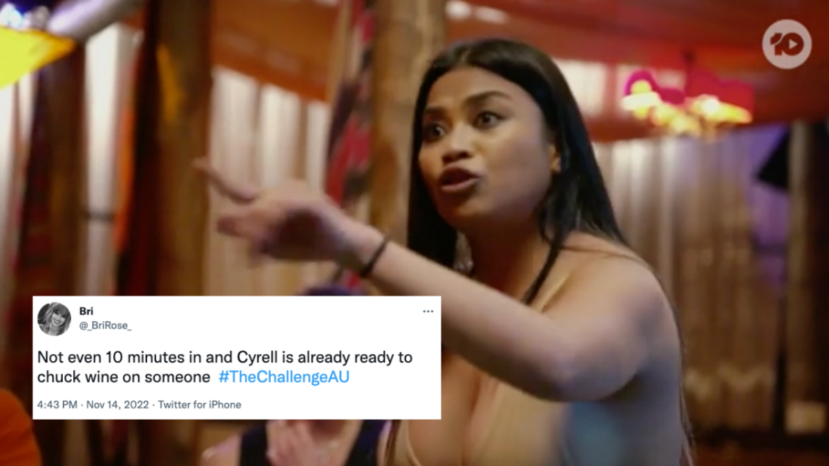 Cyrell Paule pointing finger at someone on The Challenge and a Tweet overlaid that reads: Not even 10 minutes in and Cyrell is already ready to chuck wine on someone #TheChallengeAU