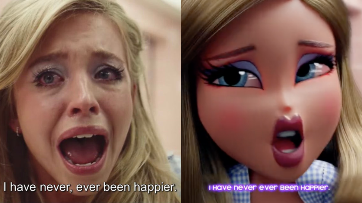 Sydney Sweeney as Cassie on Euphoria screaming "I have never, ever been happier" and a Bratz version of the character saying the same thing.