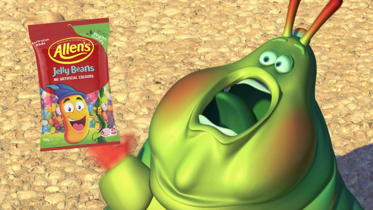 Heimlich in A Bug's Life screaming holding a packet of Allen's vegan jelly beans