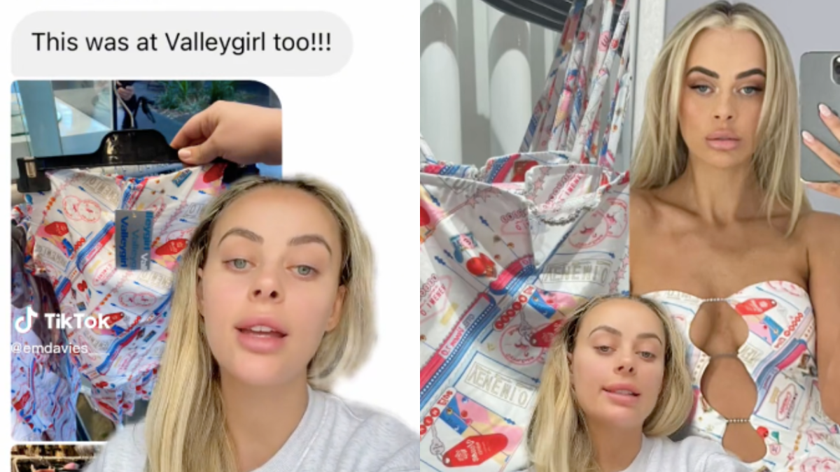 Screenshots from Australian influencer Em Davies' TikTok account showing Valleygirl and Venem 1.0 designs side-by-side and a text message reading "This was at Valleygirl too!!!" with a photo of a white, red and blue top.