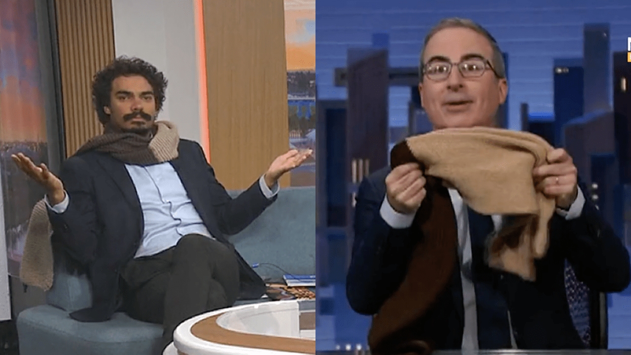 Tony Armstrong wearing his Mum's scarf spliced with John Oliver holding up a very similar scarf