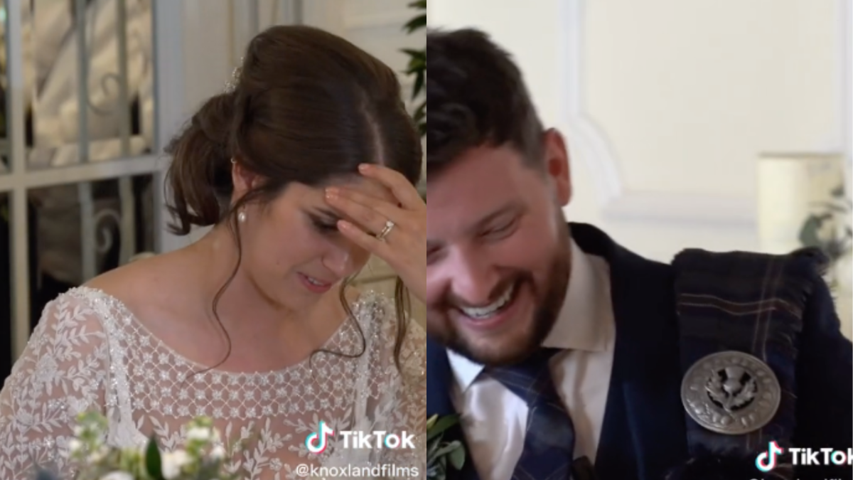 Screenshots of bride and groom at wedding, she has her head in her hand and he is laughing