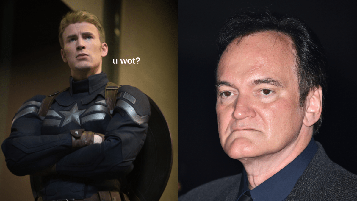 Chris Evan as Captain America spliced with Quentin Tarantino