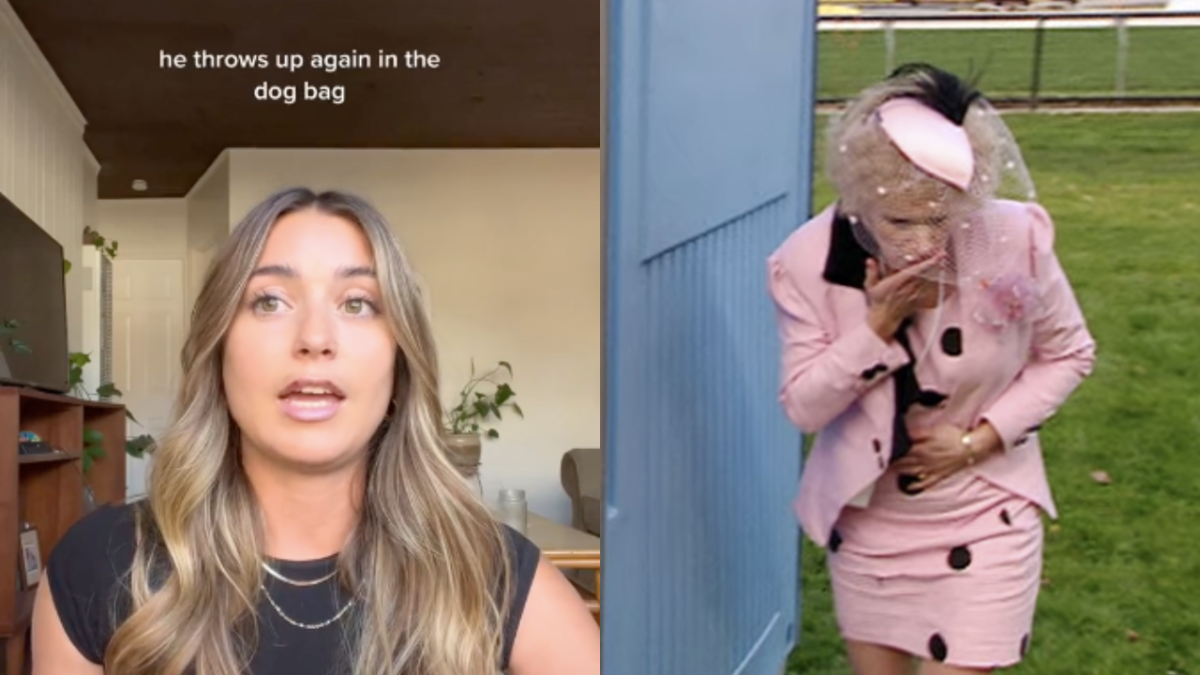 TikToker Angelina Nicolle saying "he throws up again in the dog bag" and Kath Day-Knight from Kath & Kim wearing a pink outfit and holding hand to mouth as if to vomit