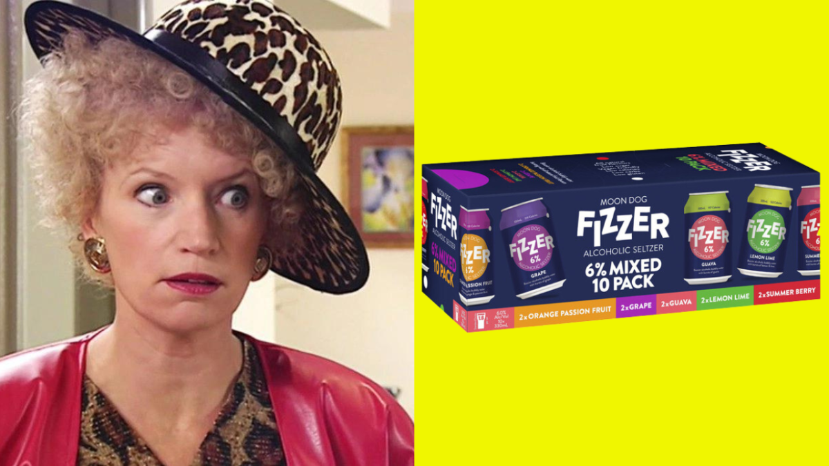 Moon Dog Fizzer seltzers spliced with Kath from Kath & Kim
