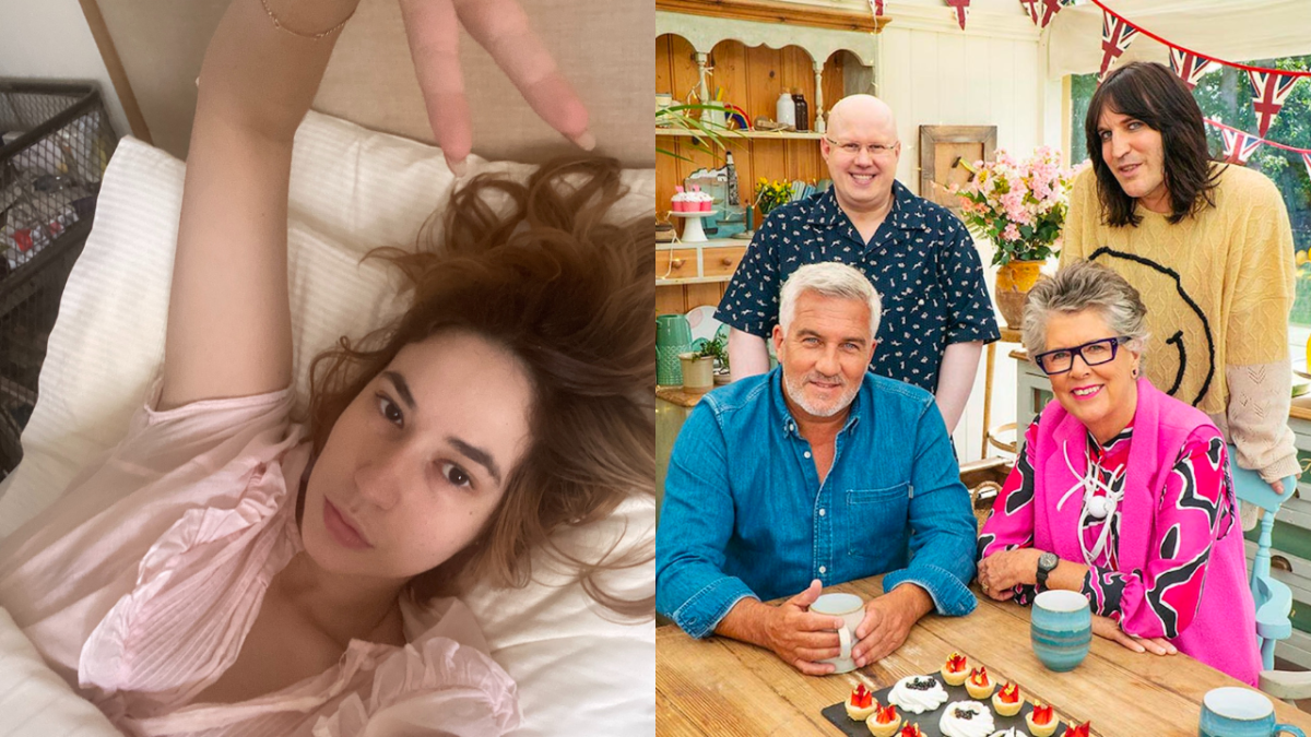 woman with blonde hair lying in bed giving peace sign and Paul Hollywood, Matt Lucas, Noel Fielding and Dame Prue Leith of The Great British Bake Off posing in promotional photo for Channel 4