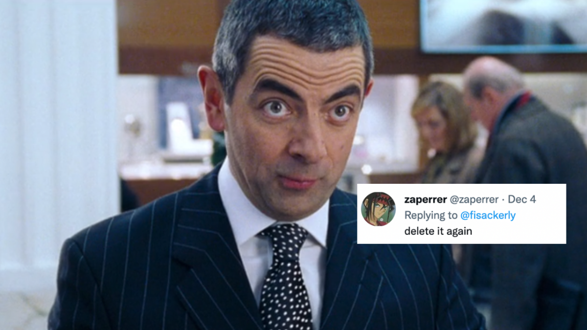 Rowan Atkinson as shop assistant in Love Actually making shocked face and Tweet overlaid that reads "delete it again"