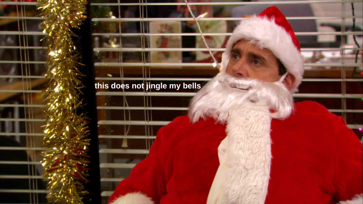 Michael Scott dressed as Santa Claus in The Office with text that says "this does not jingle my bells"