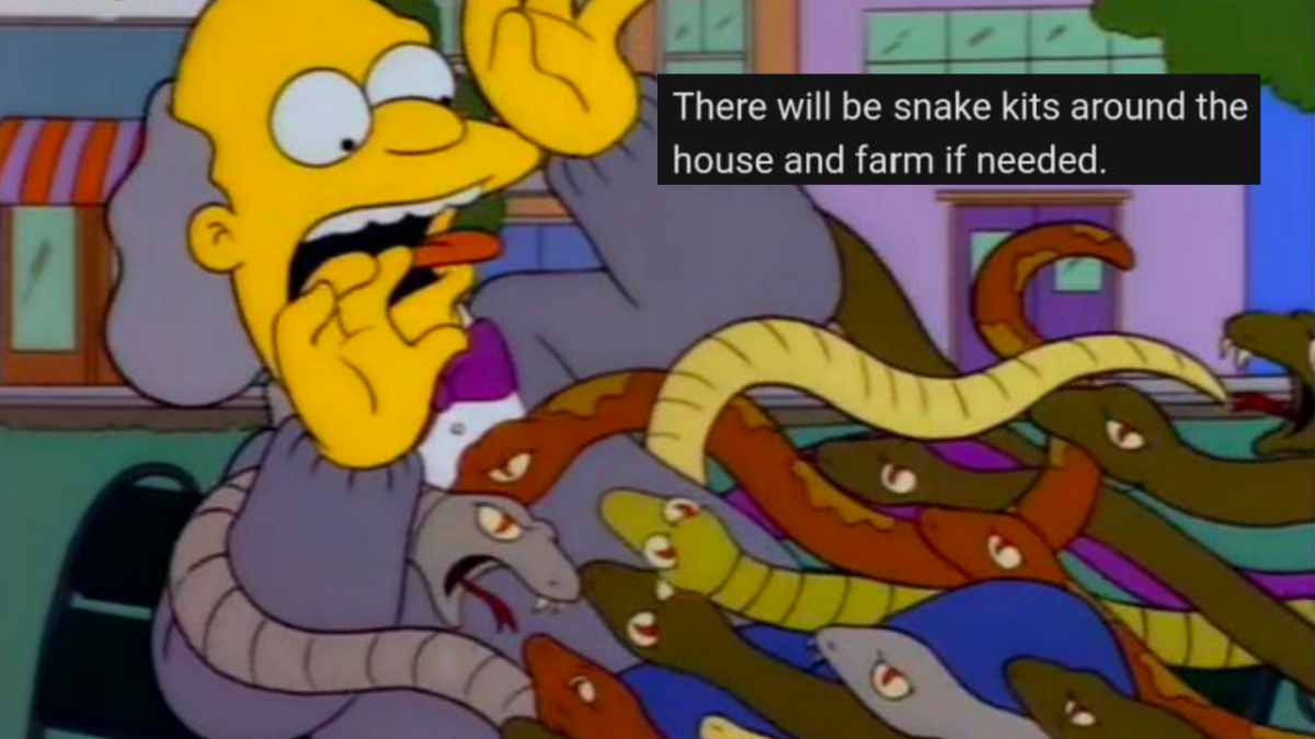 simpsons character being attacked by lots of snakes