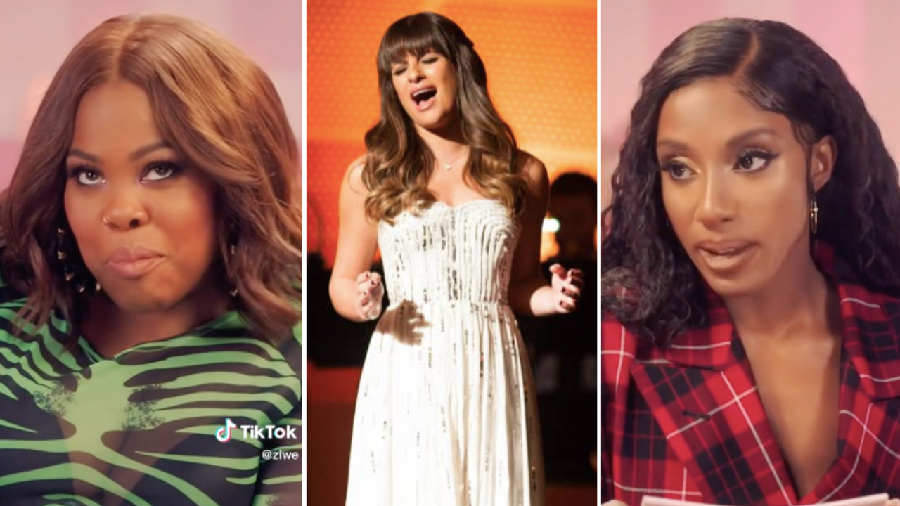 Amber Riley and Ziwe in the interview, spliced with a picture of Lea Michele on Glee