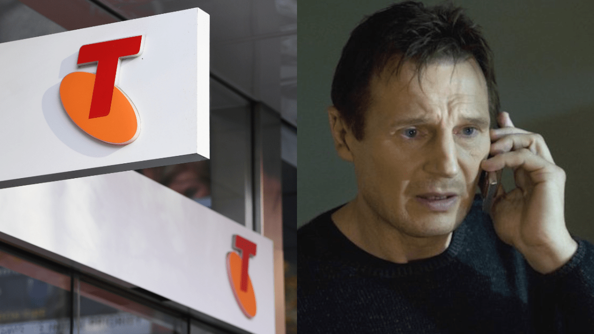 Telstra logo outside the Telstra Melbourne headquarters and Liam Neeson in Taken on the phone