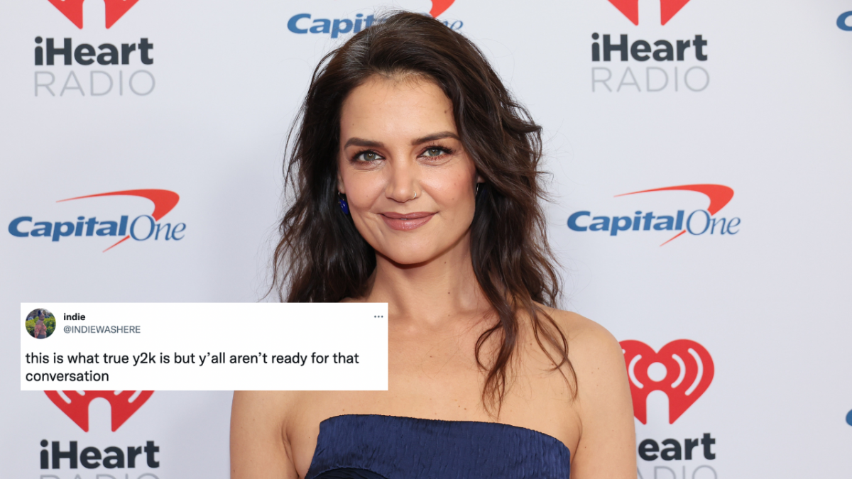 Actor Katie Holmes at iHeartRadio’s Jingle Ball at Madison Square Garden in New York wearing blue boob tube and Tweet overlaid which reads: "this is what true y2k is but y’all aren’t ready for that conversation"