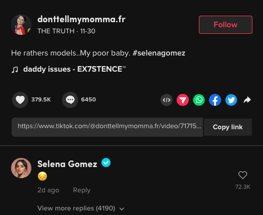 Selena Gomez TikTok comment about being skinny for Justin