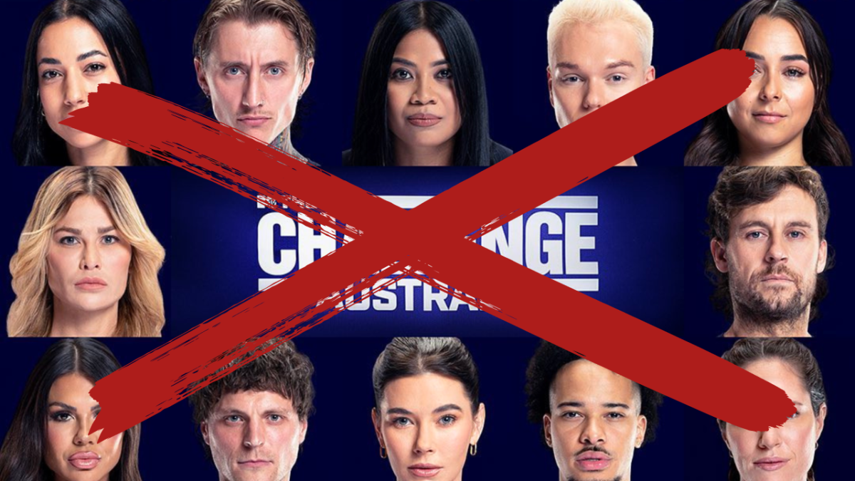 Cast of The Challenge Australia and red cross overlaid.