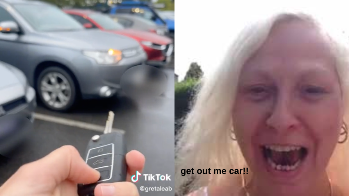 Video by TikToker @gretaleab showing her pressing a car key and a silver Mitsubishi unlocking and Tish Simmonds' mum from Vine saying "get out me car!!"