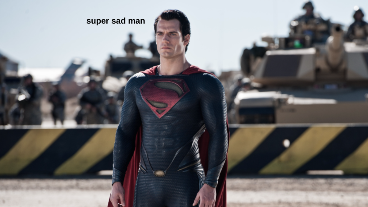 Henry Cavill in Superman with text reading "suer sad man" next to him