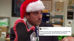 Steve Carrell as Michael Scott in The Office wearing a santa hat and an oven mitt with a tweet overlaid which reads: MEN! Every list says you want beard oil, a pocket knife, or something leather. WHAT DO YOU ACTUALLY WANT?