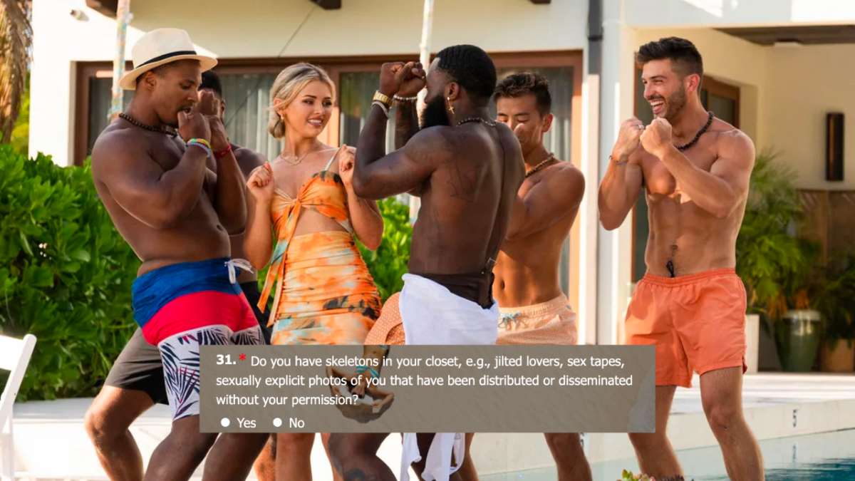 Contestants on FBOY Island dancing with a question overlaid which reads: Do you have skeletons in your closet, e.g., jilted lovers, sex tapes, sexually explicit photos of you that have been distributed or disseminated without your permission?