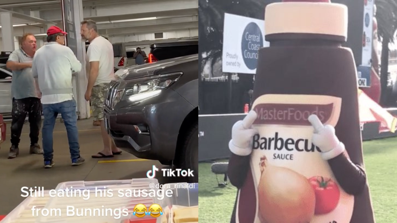TikTok showing two men arguing outside a Bunnings sausage sizzle in Adelaide and a person dressed as a Masterfoods Barbecue sauce bottle pulling the rude finger