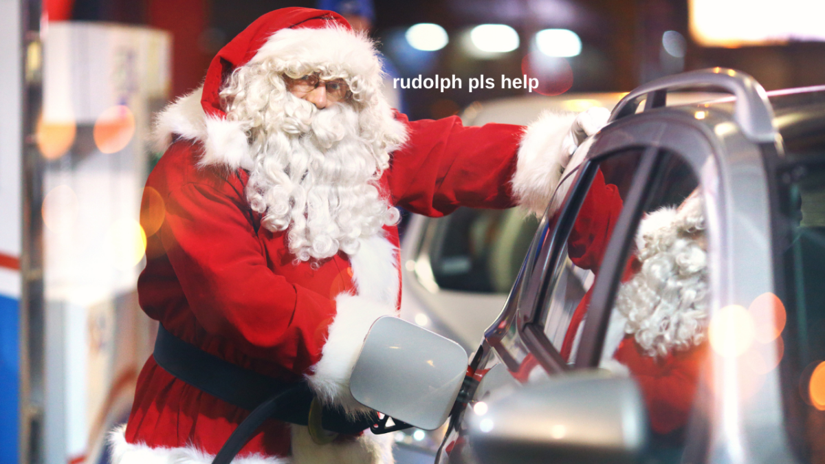 Santa Claus filling up a silver SUV at the petrol station