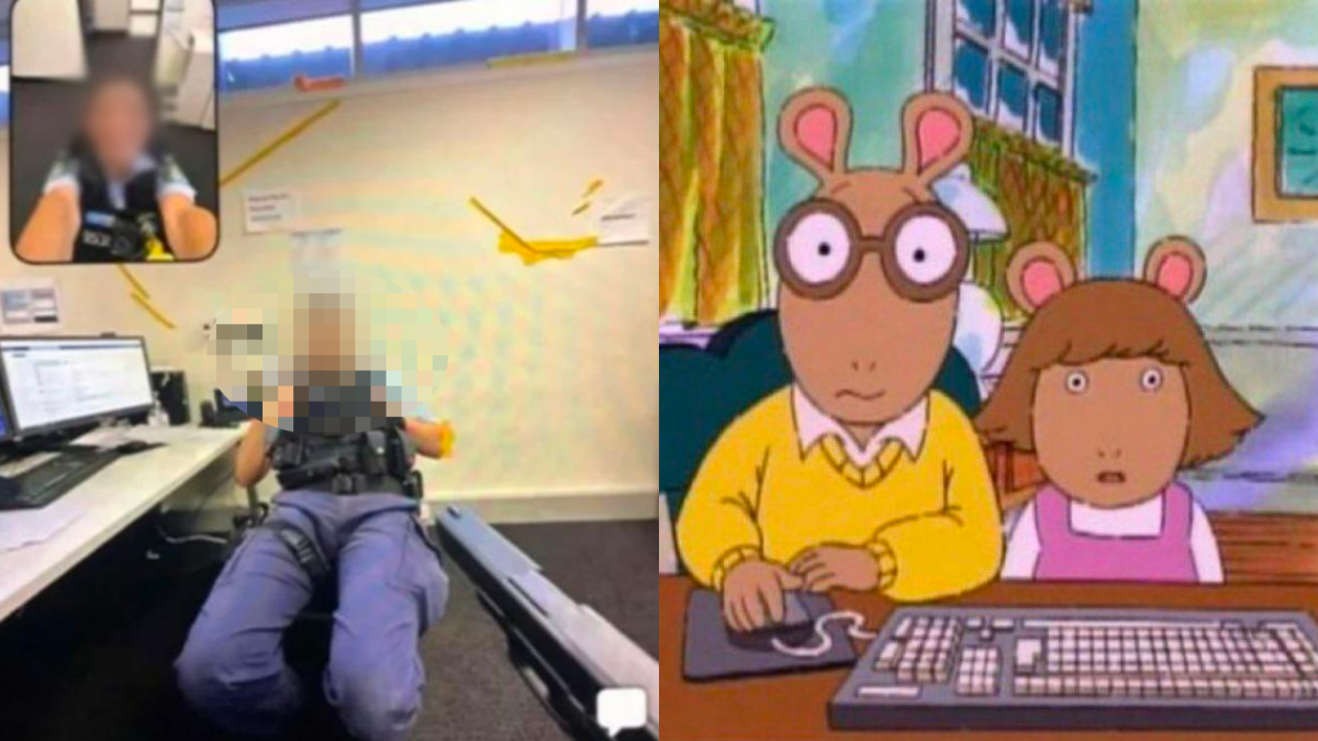 Photo of a BeReal featuring two police officers from Sydney and Arthur and DW staring at computer screen shocked in animated show Arthur