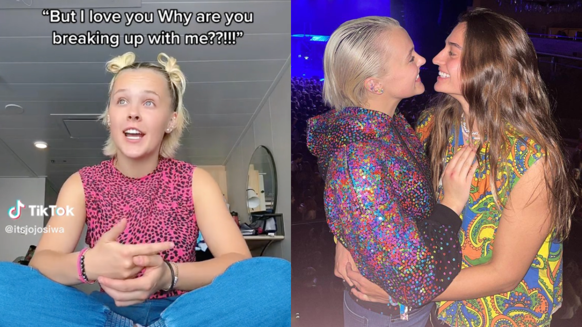 JoJo Siwa wearing a pink singlet and blue jeans in a TikTok saying "But I love you why are you breaking up with me??!!!" and photo of JoJo Siwa and Avery Cyrus hugging