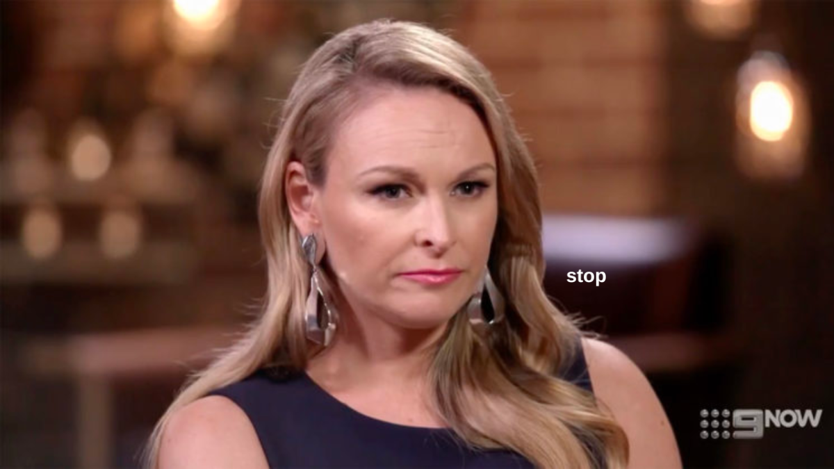 MAFS 2023 expert Mel Schilling on show with white text which reads "stop"