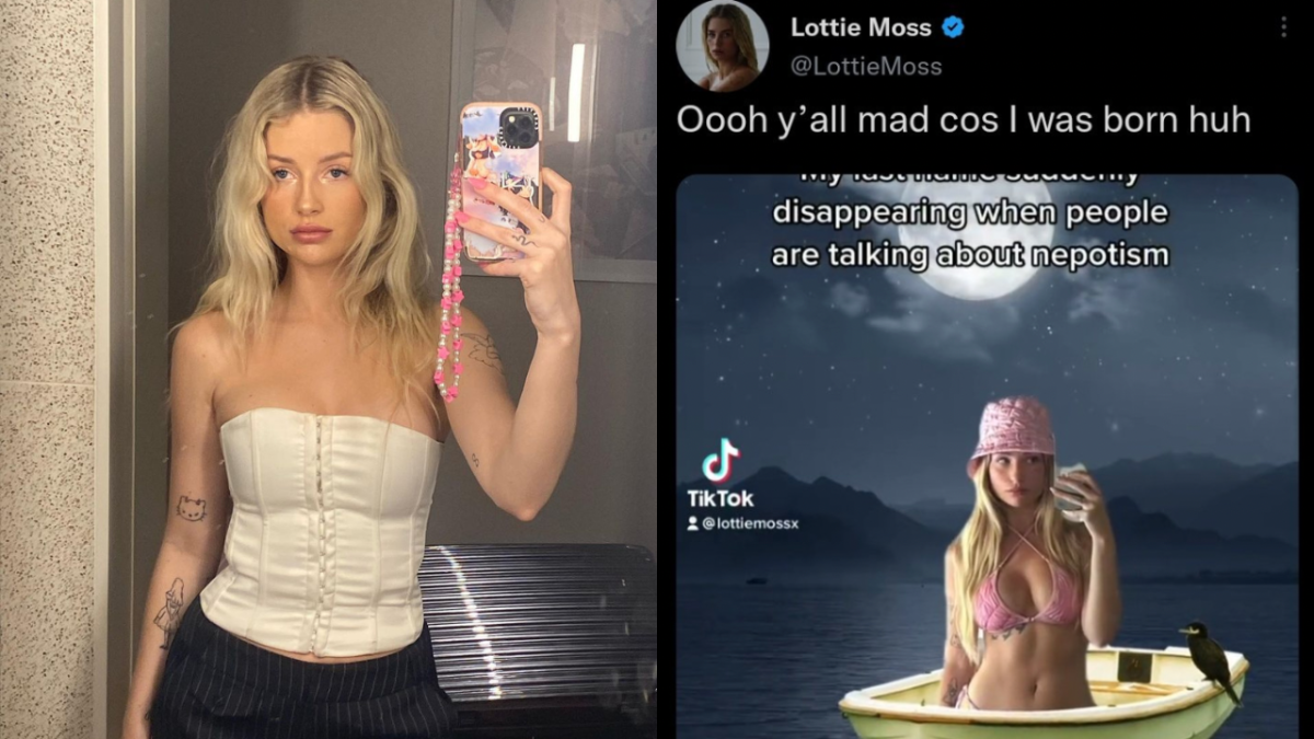 Lottie Moss wearing a white corset taking a mirror selfie and Tweet shared by MODELS on Twitter of a TikTok video from Lottie Moss showing her on a boat. The video was shared on Lottie Moss' Twitter account, accompanied by text which reads: "Ooh y'all mad cos I was born huh"