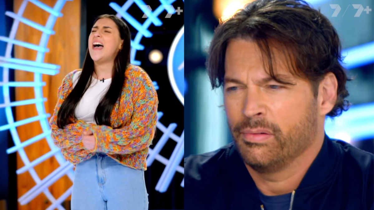 Girl auditioning on Australian Idol 2023 and Harry Connick Jr looking displeased and frowning