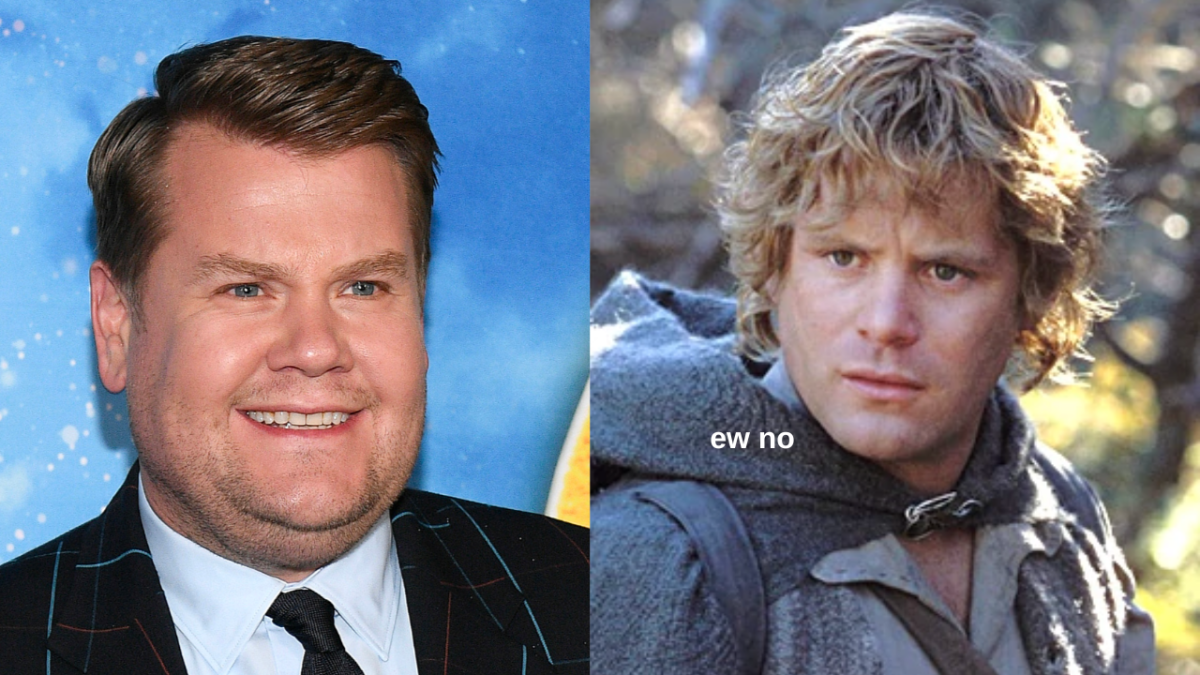 James Corden standing in front of a blue wall and Sean Astin as Samwise Gamgee in The Lord Of The Rings