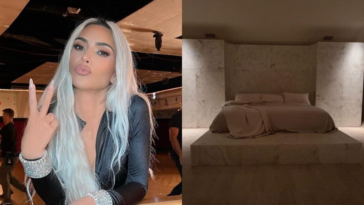 Kim Kardashian next to a picture of her neutral-toned house. she makes her home staff match the decor