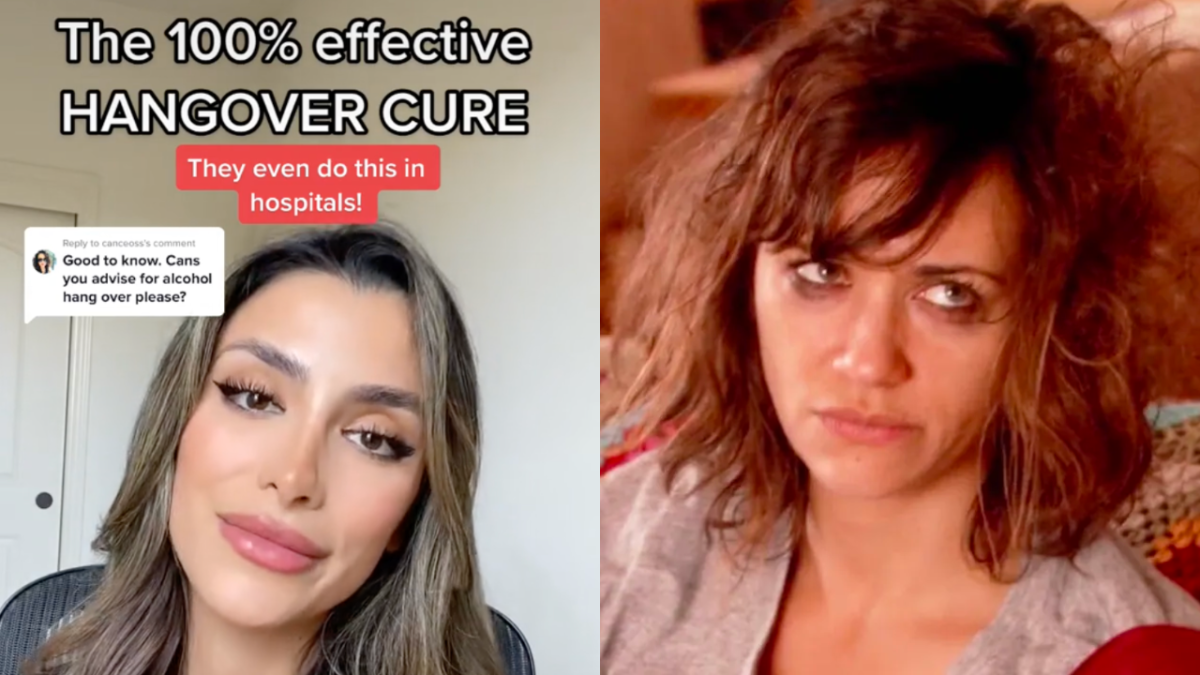 Screenshot of a TikTok from @thewellnesspharm with text on screen which reads "The 100% effective HANGOVER CURE, they even do this in hospitals!" and Ann Perkins from Parks and Recreation looking dishevelled and hungover