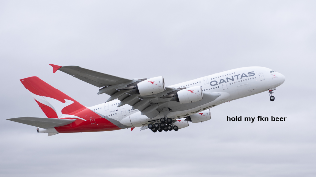 A Qantas plane travelling through the sky with text on it which reads "hold my fkn beer"