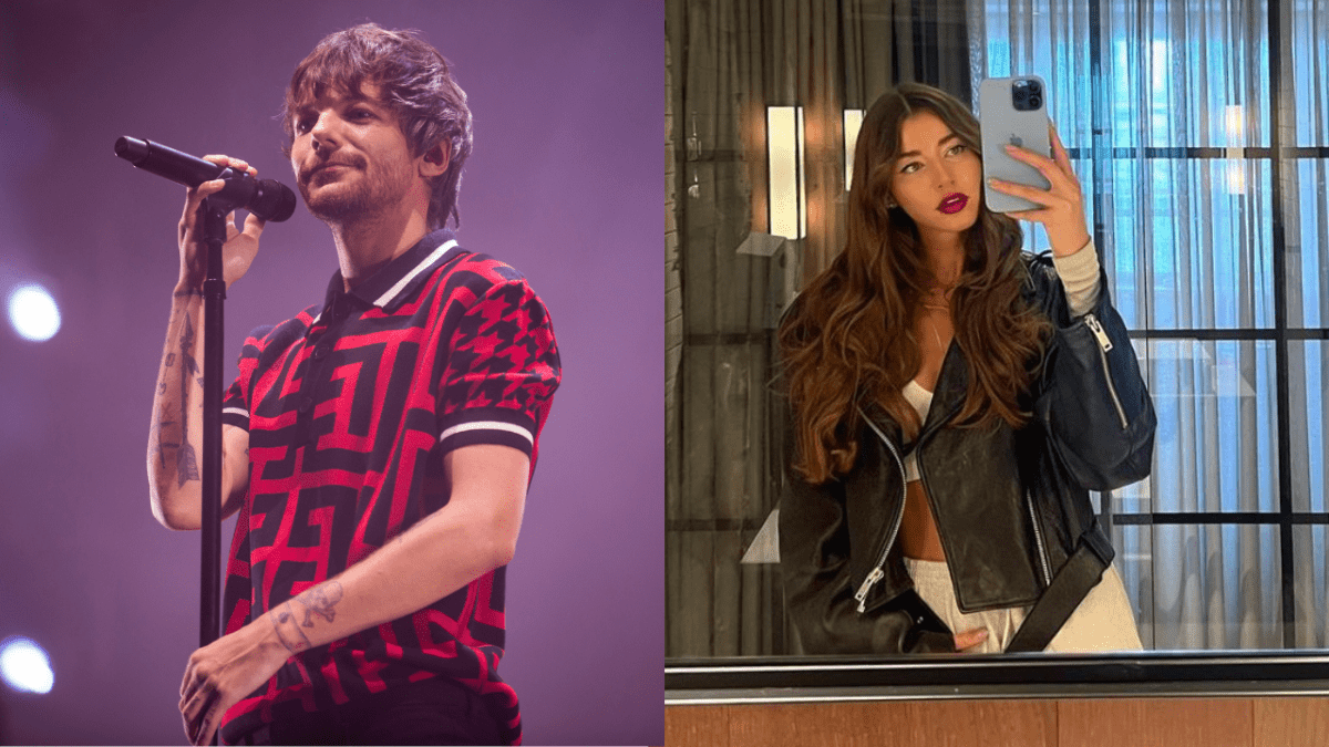 Louis Tomlinson performing at a concert in a red and black polo shirt and Eleanor Calder taking a mirror selfie wearing a black leather jacket and white top