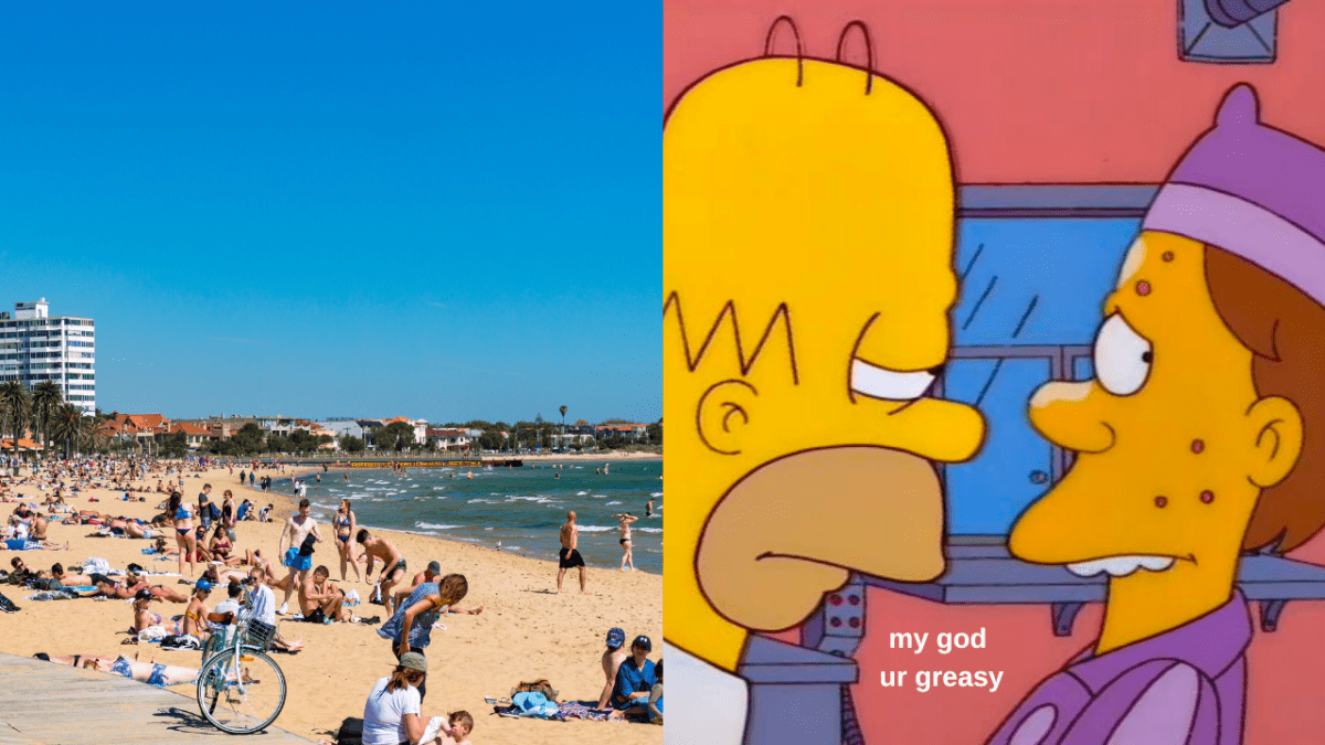 Photo of beachgoers at St Kilda beach in Melbourne and screengrab from The Simpsons of Homer telling a fast food worker he is greasy in relation to vegetable oil spill on Melbourne beaches