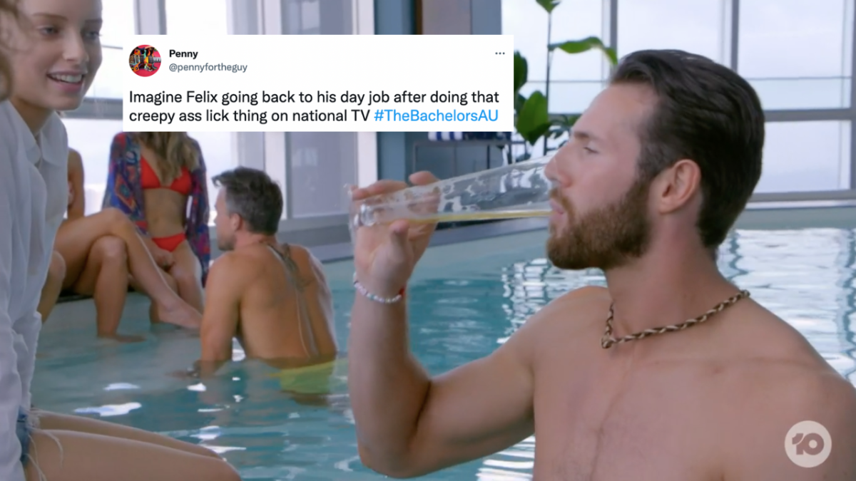 Felix Von Hofe on The Bachelors sipping champagne in a pool with other girls and bachelors and a tweet on screen which reads: Image Felix going back to his day job after doing that creepy ass lick thing on national TV