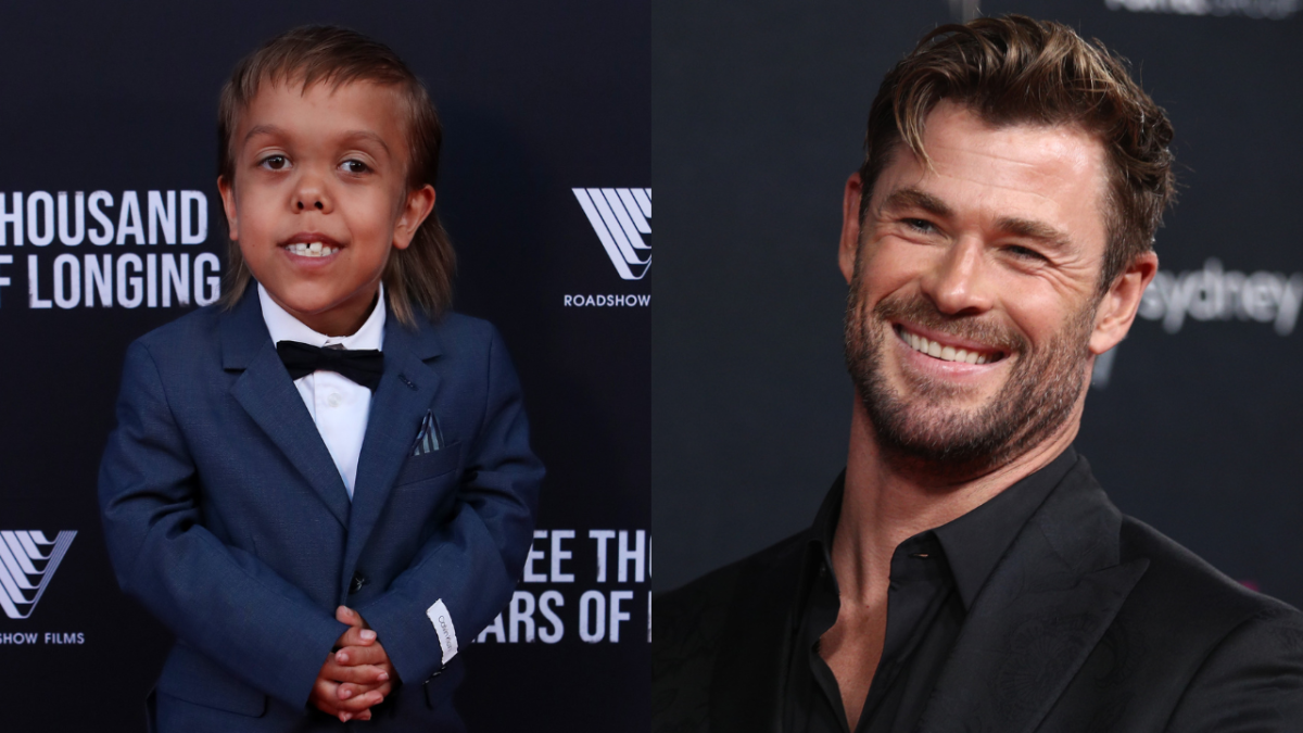 Quaden Bayles at a film premiere wearing a suit and Chris Hemsworth smiling in black shirt