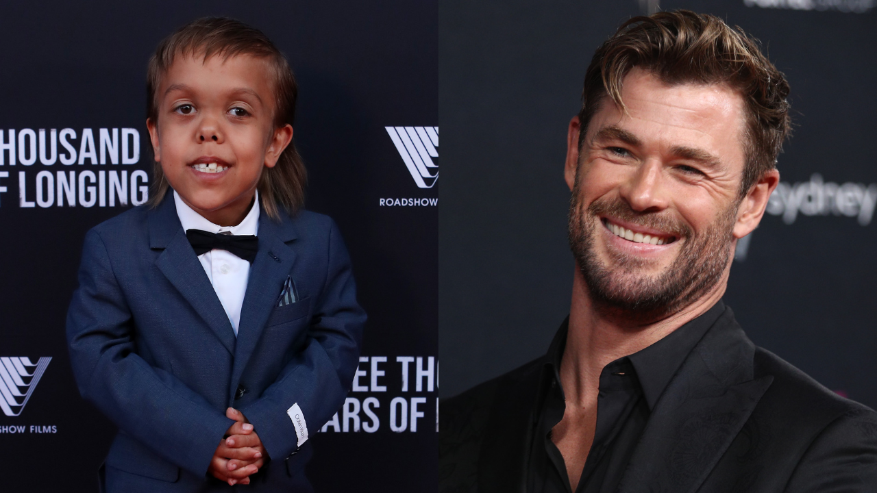 Quaden Bayles at a film premiere wearing a suit and Chris Hemsworth smiling in black shirt