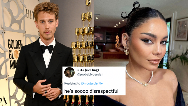 Austin Butler at Golden Globes after party in tuxedo, Vanessa Hudgens in v-neck black dress with Vivienne Westwood choker and Tweet overlaid which reads: "He's soooo disrespectful"