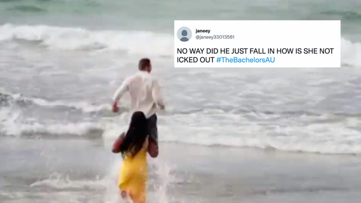 Felix and Krystal on The Bachelors running into the ocean with a tweet overlaid which reads "NO WAY DID HE JUST FALL IN HOW IS SHE NOT ICKED OUT"